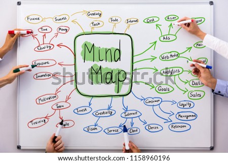 Businesspeople Drawing Mind Map Chart On White Board Royalty-Free Stock Photo #1158960196