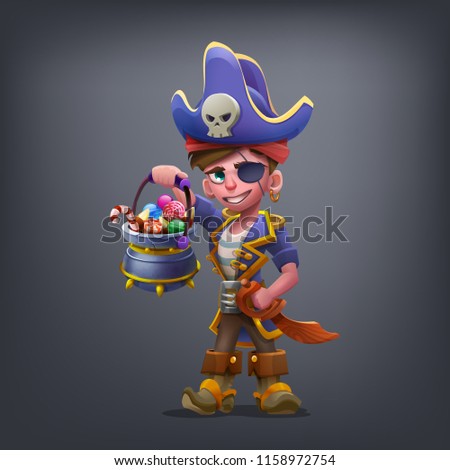 Happy Halloween character - cute boy pirate with pot of sweets isolated on dark background. Vector illustration.