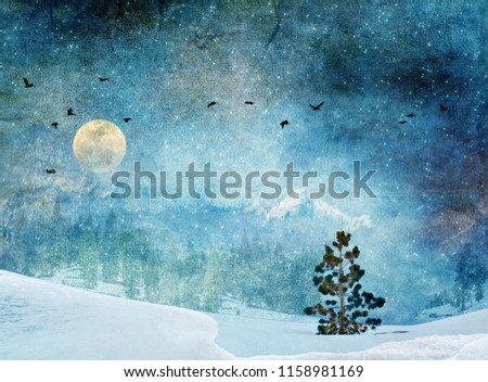 Artistic winter scene with full moon, snow, mountains trees and birds made from a montage of 15 photos. 