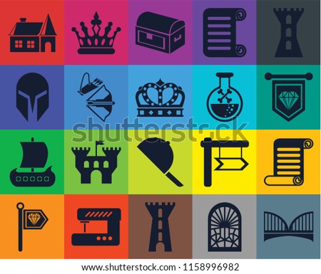Set Of 20 icons such as Bridge, Stained glass window, Tower, Sewing machine, Standard, Scroll, Hat, Viking ship, Crossbow, Poison, House, Chest, transparency icon pack, pixel perfect