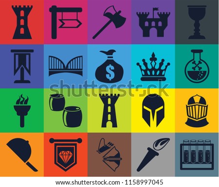 Set Of 20 icons such as Alchemy, Torch, Crossbow, Standard, Hat, Goblet, Helmet, Tower, Bridge, Crown, Poison, Axe, transparency icon pack, pixel perfect