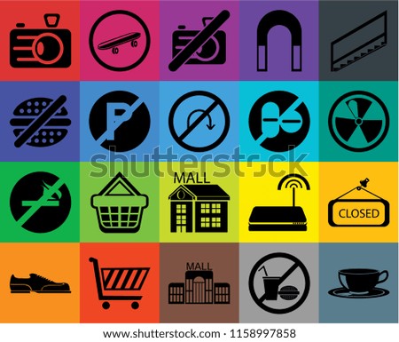 Set Of 20 icons such as Coffee cup, No food, Mall, Shopping cart, Shoes, Stairs, Closed, smoking, parking, drugs, Camera, Radiation, camera, transparency icon pack, pixel perfect