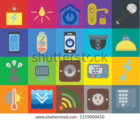 Set Of 20 icons such as Dial, Plug, Wifi, Deep, Thermostat, Microphone, Power, Dimmer, Smart, Security camera, Home, Lightbulb, Smart home, transparency icon pack, pixel perfect