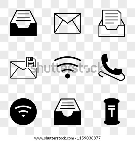 9 simple transparent vector icon pack, set of icons such as Mailbox, Inbox full, Wifi, Phone, Wifi medium, Mail save interface, in inbox tray, Email envelope, full