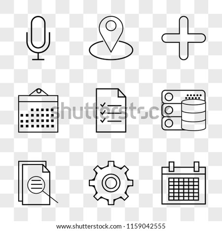 9 simple transparent vector icon pack, set of icons such as Calendar, Settings, File, Database, List, Add, Placeholder, Microphone