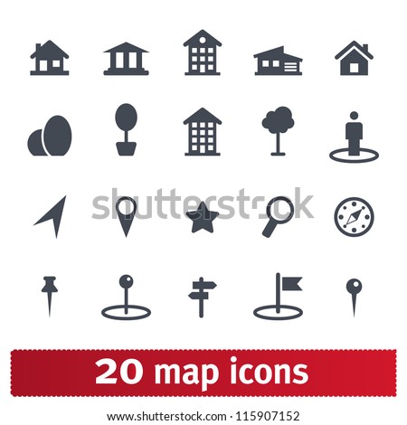 Maps icons: vector set of places, pins and directions