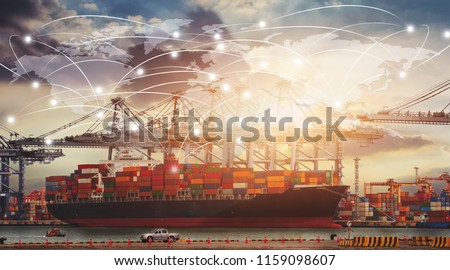 Business Logistics concept, Global network coverage world map,Truck with Industrial Container Cargo for Logistic Import Export at yard Royalty-Free Stock Photo #1159098607