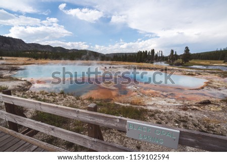 Geothermal pools viewed from the boardwalk at the hot springs in Yellow stone National Park, Wyoming, USA, a popular tourist attraction