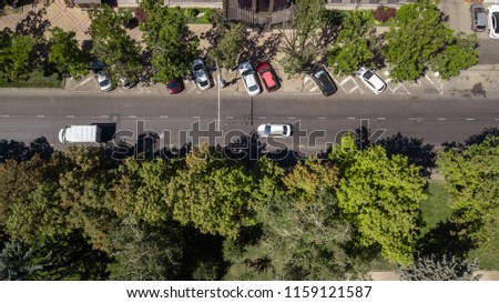 Top down view of of city road with cars, Krasnodar, Russia.