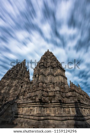 Magnificent Prambanan Temple view with dramatic blue sky soft background