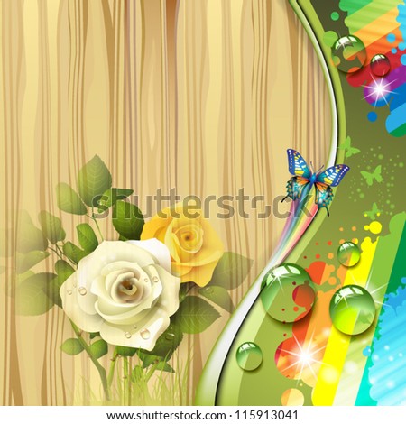 Wood background with roses and drops