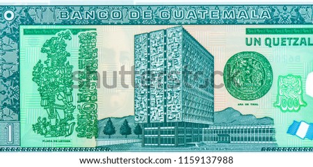 Leyden Plate (Placa de Leyden); Banco de Guatemala building; Ara de Tikal) polymer plastic Portrait from Guatemala 1 Quetzales 2006 Banknotes. 