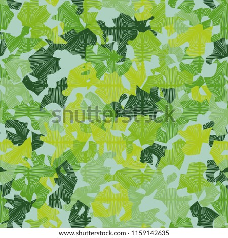A seamless pattern of shades of green foliage with a rhythmic pattern applied from above consisting of squares with parquet texture.