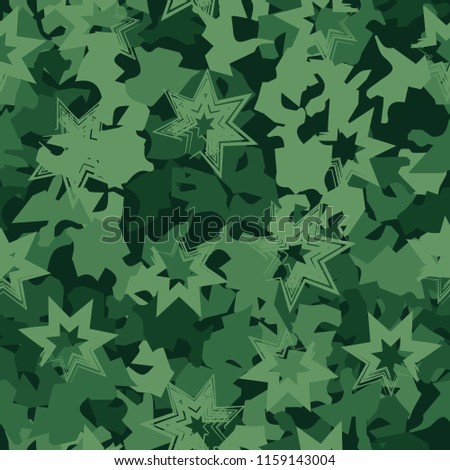 A seamless pattern of shades of green foliage with six-pointed stars on top.