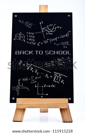 A chalk board with wood frame and doodle mathematical and alphabet "back to school" over white background