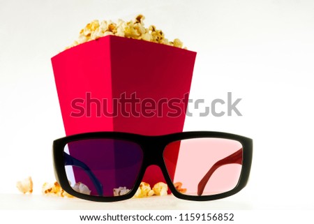 Cinema 3D glasses, popcorn on a white background, isolated