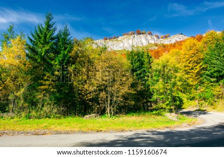 road though forest in to the mountain. rocky cliff hang over the way. lovely autumn scenery