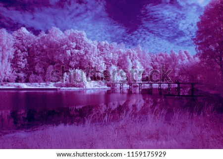 infrared photo, old wooden bridge over a lake in the forest