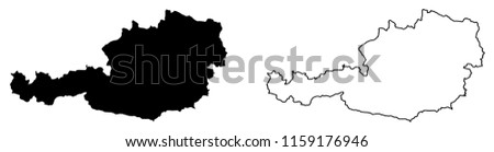 Simple (only sharp corners) map of Austria vector drawing. Mercator projection. Filled and outline version.