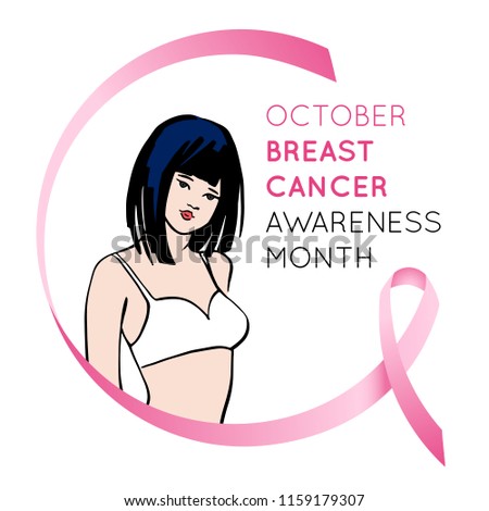 Breast cancer awareness symbol. Portrait of asian woman, realistic pink ribbon. Sketching illustration