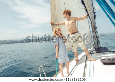 Beautiful Seascape with White Yacht Sailing in Blue Sea. Square Photo with Copy Space.