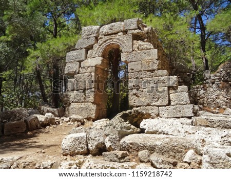 Stone ruins of ancient roman architecture. Phaselis, Antalya province, Turkey                                                              