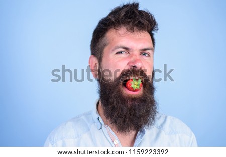 Man handsome hipster with long beard eating strawberry. Man enjoy berry taste. Berry in mouth of bearded hipster. Hipster cheerful enjoy juicy ripe red strawberry. Strawberry sweet taste concept.