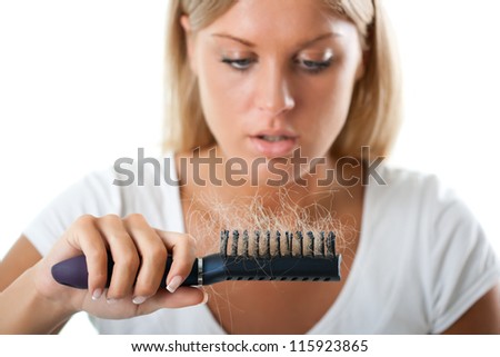 Blonde girl worried about hair loss,Hair loss Royalty-Free Stock Photo #115923865