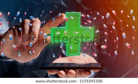View of a Businessman using a smartphone with a Lighting pharmacy cross and a stethoscope - 3d render 