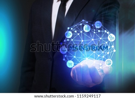 Business, Technology, Internet and network concept. Young businessman working on a virtual screen of the future and sees the inscription: Mainstream