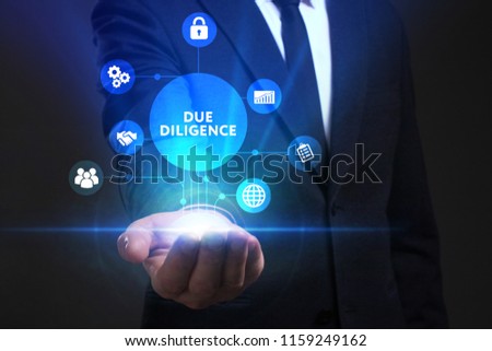 Business, Technology, Internet and network concept. Young businessman working on a virtual screen of the future and sees the inscription: Due diligence Royalty-Free Stock Photo #1159249162