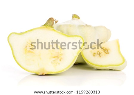 Group of one whole one half one slice of summer white pattypan squash isolated on white background