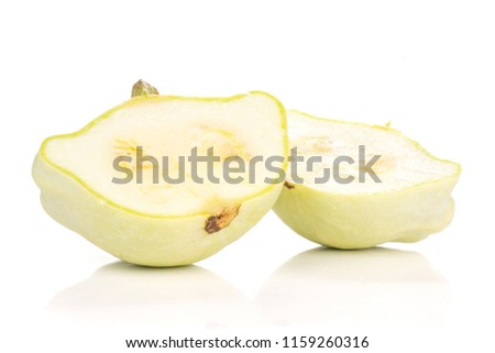 Group of two halves of summer white pattypan squash isolated on white background