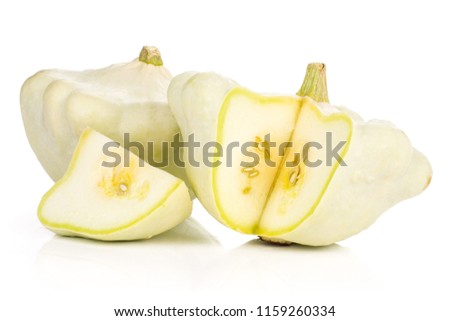 Group of two whole one slice of summer white pattypan squash isolated on white background Royalty-Free Stock Photo #1159260334