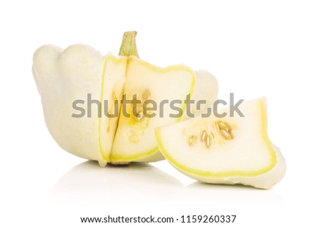 Group of one whole one slice of summer white pattypan squash isolated on white background