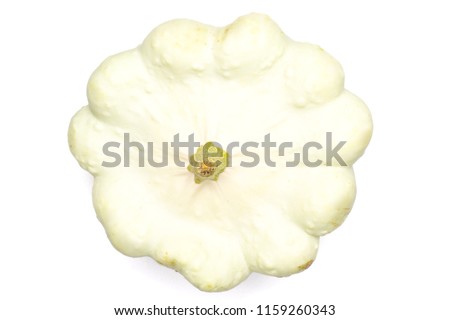 One whole summer white pattypan squash flatlay isolated on white background