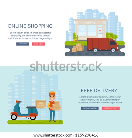 Logistics and delivery service concept: motorbike, smiling couriers with packages, scooter, building, truck and city background. Postal horizontal banner design.  Vector flat illustration
