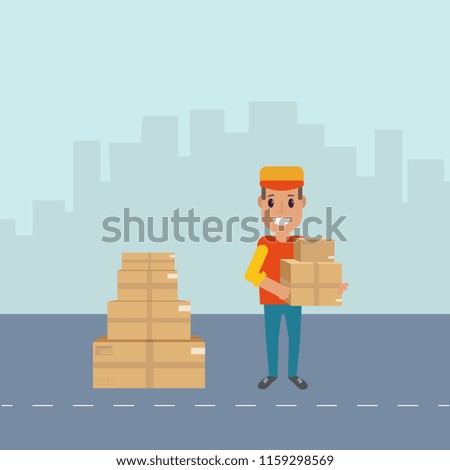 Logistics and delivery icon service isolated on white background: smiling couriers with packages, box, parcel. Postal service creative design. Vector flat illustration.