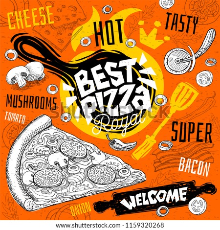 Best pizza master restaurant menu. Vector pizza food flyer cards for bar cafe. Design template, logo, emblem, sign, crown, welcome vintage hand drawn vector illustrations.