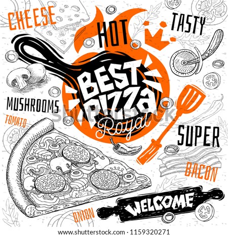 Best pizza master restaurant menu. Vector pizza food flyer cards for bar cafe. Design template, logo, emblem, sign, crown, welcome vintage hand drawn vector illustrations.
