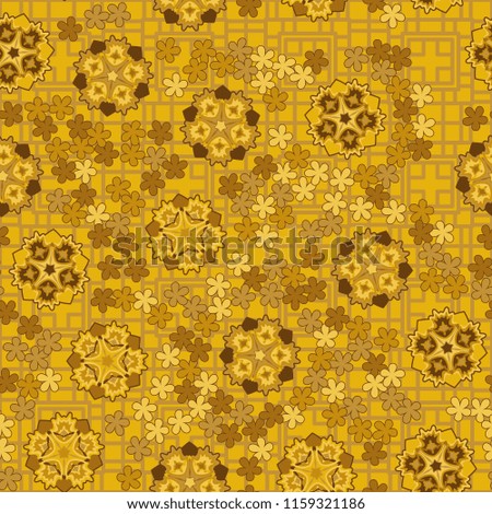 Seamless pattern of large and small abstract flowers. Against the background of a network consisting of quadrangles and crosses.