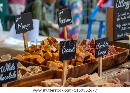Traditional British Fudge on sale at a confectionary stall in London's Borough Market, UK