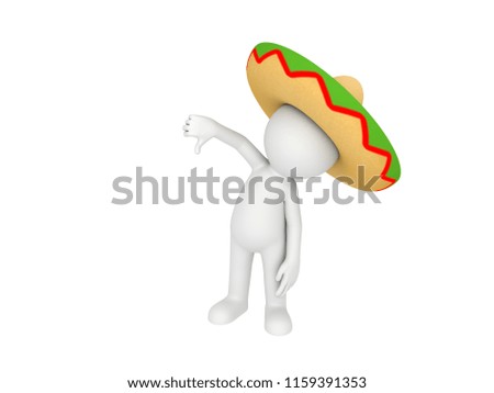 Stick man wearing mexican hat thumbing down in 3D rendering.