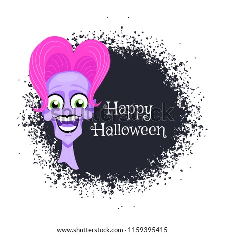 Vector scary illustration of face of a funny vampire girl with violet skin and pink hair on the blot of ink. Text happy halloween. Isolated on the white background.