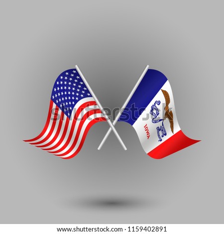 vector two crossed american and flag of iowa on silver sticks - symbols of united states of america usa 
