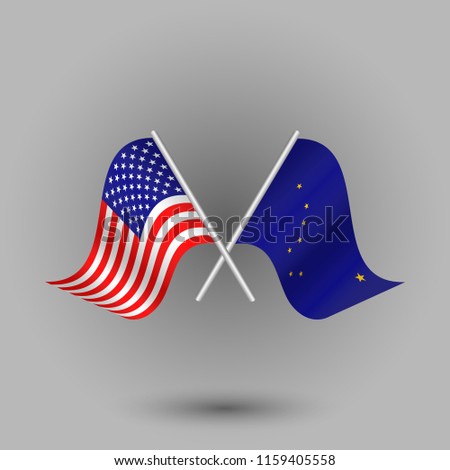 vector two crossed american and flag of alaska on silver sticks - symbols of united states of america usa
