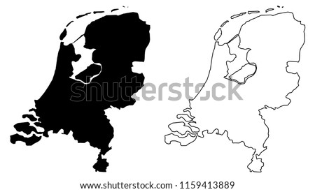 Simple (only sharp corners) map of Netherlands vector drawing. Mercator projection. Filled and outline version. Royalty-Free Stock Photo #1159413889