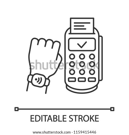 NFC smartwatch linear icon. Payment terminal. Thin line illustration. Smart wristwatch. Contactless payment with NFC smartwatch. Contour symbol. Vector isolated outline drawing. Editable stroke