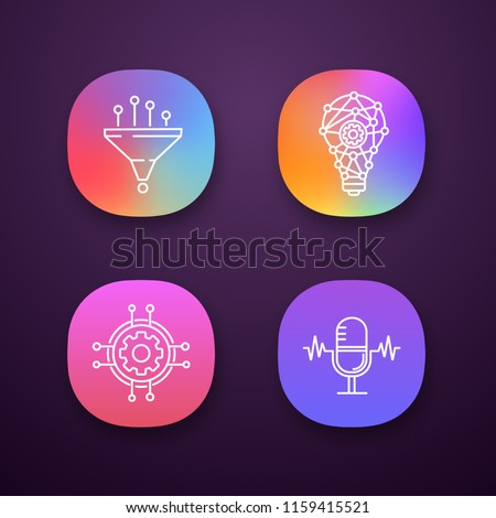Machine learning app icons set. Data filtering, innovation process, digital settings, voice recognition. UI/UX user interface. Web or mobile applications. Vector isolated illustrations