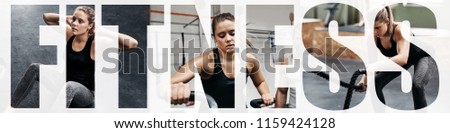 Collage of a fit young woman in sportswear focused on her gym workout with an overlay of the word fitness